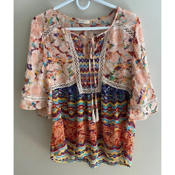 Meadow Rue Anthropologie Small Boho Tassel Ruffle Sleeve Top - Picture 3 of 11